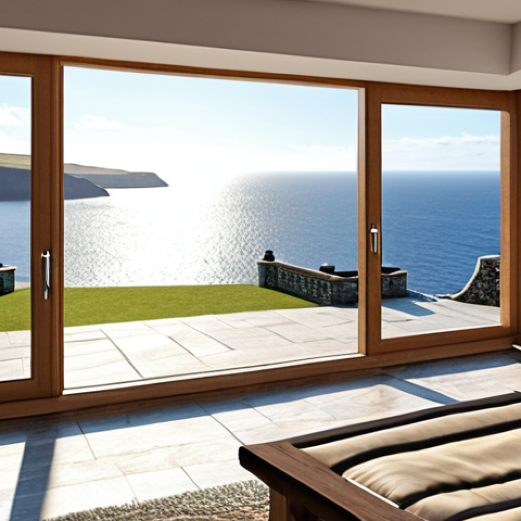 **  A modern villa overlooking the Isle of Man coastline, sun shining, depicting financial freedom and a high quality of life, emphasizing a relaxed atmosphere.

**