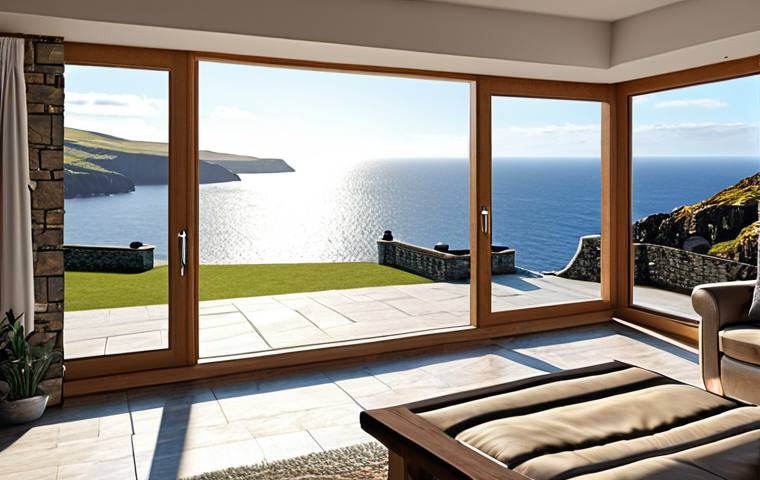 ** A modern villa overlooking the Isle of Man coastline, sun shining, depicting financial freedom and a high quality of life, emphasizing a relaxed atmosphere.
**