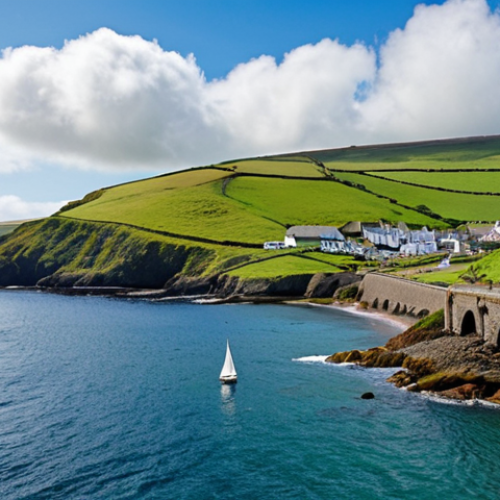 **Coastal Isle of Man scene:** A picturesque view of the Isle of Man coastline under a partly cloudy sky. Depict lush green hills meeting the sea, with a quaint village nestled along the shore. The water is calm and reflects the soft sunlight. A lone sailboat is visible in the distance.