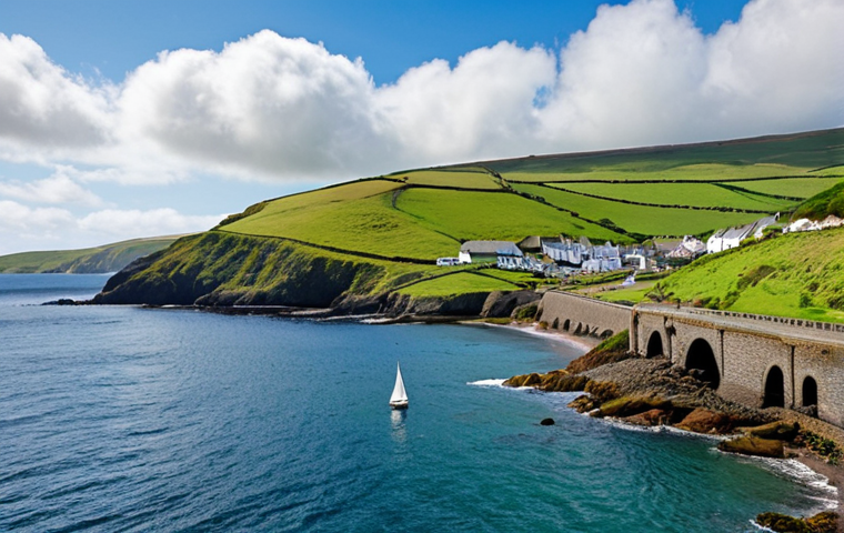 **Coastal Isle of Man scene:** A picturesque view of the Isle of Man coastline under a partly cloudy sky. Depict lush green hills meeting the sea, with a quaint village nestled along the shore. The water is calm and reflects the soft sunlight. A lone sailboat is visible in the distance.