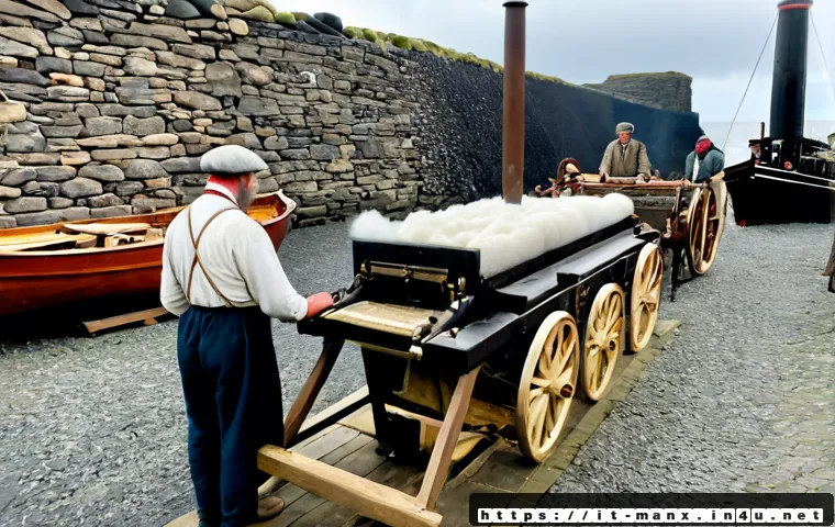 맨섬 산업 혁명 영향 - Photorealistic historical scene on the Isle of Man during the Industrial Revolution, a small steam-p...