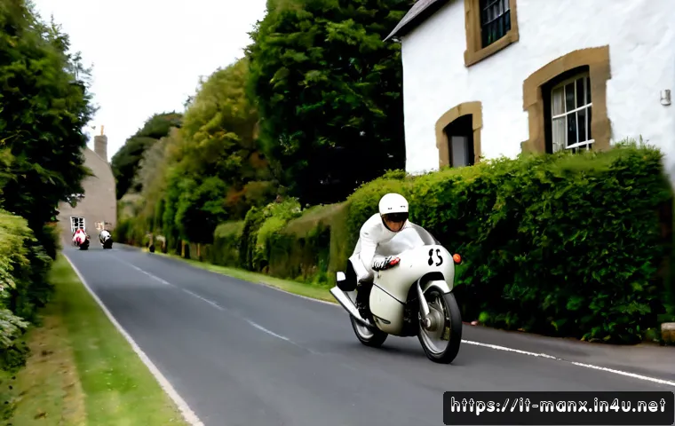 맨섬 TT 레이서 마이크 헤일우드 - Photorealistic historic motorcycle road-racing scene on the Isle of Man, a legendary 1960s-style Bri...