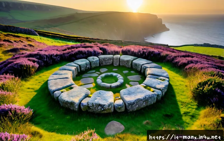 맨섬 켈트 신화 신앙 - Photorealistic cinematic view of an ancient Celtic stone circle on the Isle of Man at sunrise, weath...